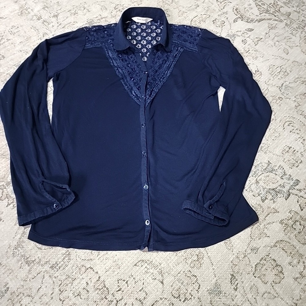 Naf Naf Button‎ Up Shirt Blue Lace Long Sleeve Western Cowgirl Country M - Picture 6 of 8